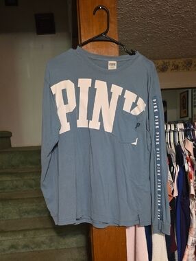 PINK Victoria's Secret Long-Sleeve Logo Tee - Dusty Blue